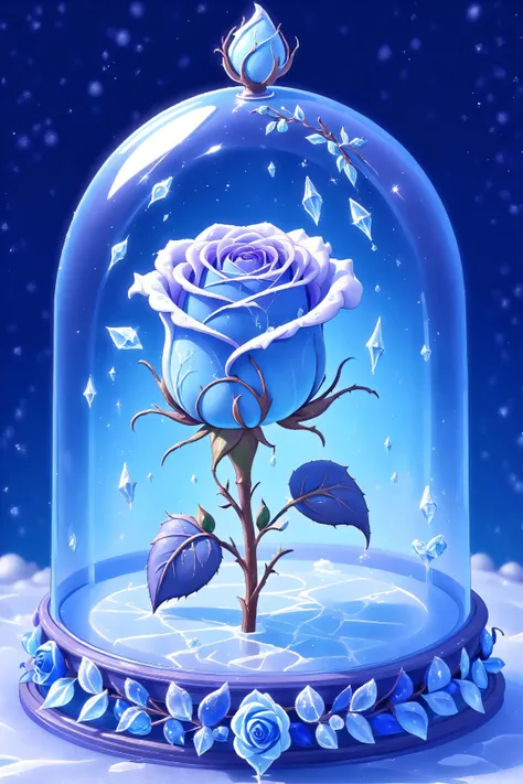 Cute Cartoon,CuteCartoonAF, frozen (((blue delicate rose under a glass dome))) (((nightshade covered in crystals of ice))), ((((breathtaking romantic background)))), Bloodborne vibes, 4k, masterpiece, ultra high quality,