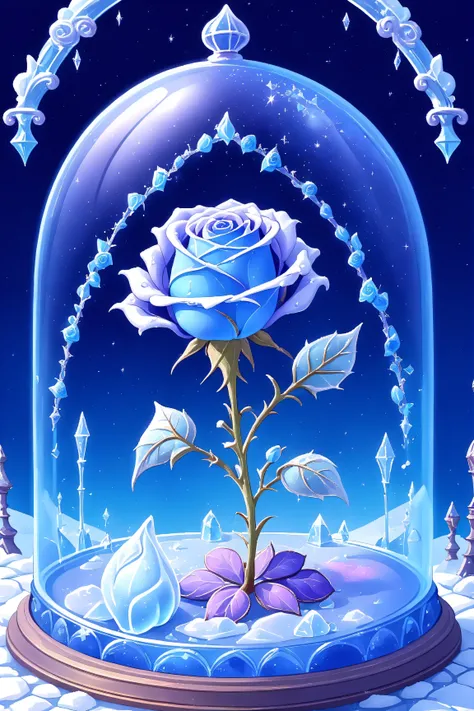 Cute Cartoon,CuteCartoonAF, frozen (((blue delicate rose under a glass dome))) (((nightshade covered in crystals of ice))), ((((breathtaking romantic background)))), Bloodborne vibes, 4k, masterpiece, ultra high quality,