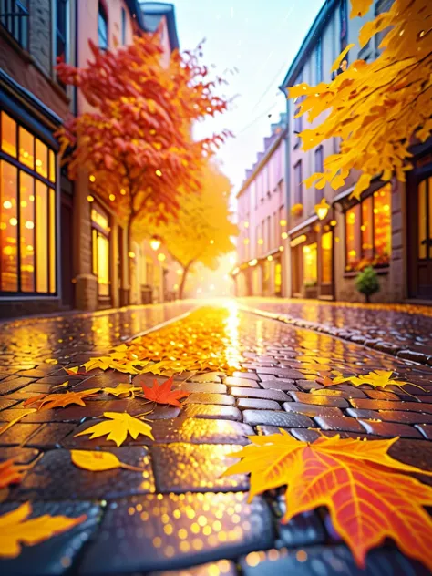 HD photo, In a surreal cityscape, a rain-soaked street glows with vibrant hues as the sun breaks through painted clouds. Golden leaves, shimmering with rain, dance in the breeze, spiraling down onto glistening cobblestones. The blurred background fades int...