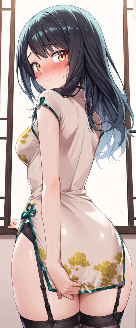 high res, adult female , Good Lighting, Despicable, , (hasn't taken off his clothes), (((Mini China Dress))), (()), ((())), (garter belt to put on crotch), Abdominal area only, (long hair), , cute face, I blush in embarrassment, embarrassing, ((Looking ...