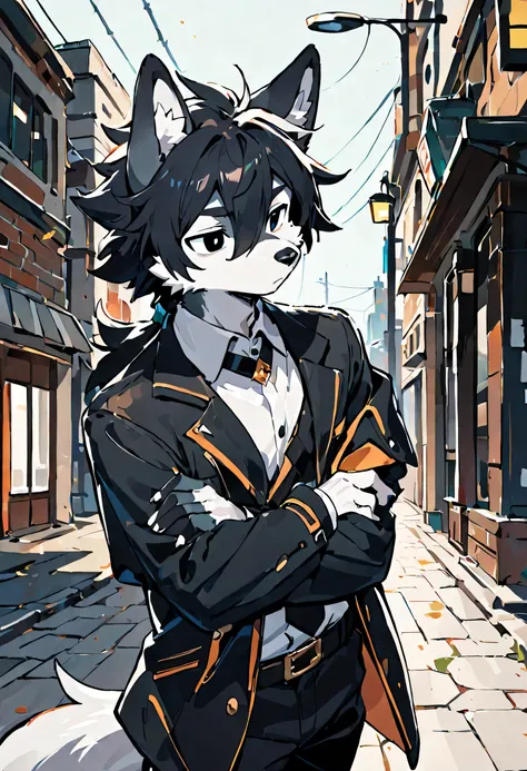 Wolf，（black eyes）（skin：1.3）（dark hair ：1.2），furry，Boring，Fashion,waiting alone on the street， clear and clean background 