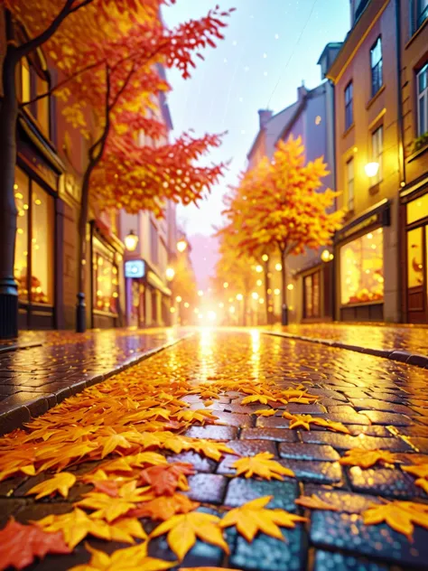 HD photo, In a surreal cityscape, a rain-soaked street glows with vibrant hues as the sun breaks through painted clouds. Golden leaves, shimmering with rain, dance in the breeze, spiraling down onto glistening cobblestones. The blurred background fades int...