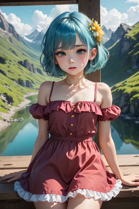 Femboy, otoko no ko, (flat chest), sexy body, white skin, smooth skin,((blue aqua hair)), short hair, shy face, blush on face, cute face, cute lips, blue eyes, frilled dress, medium dress, red and gold dress,sexy fose, cute fose, mountain flower background...