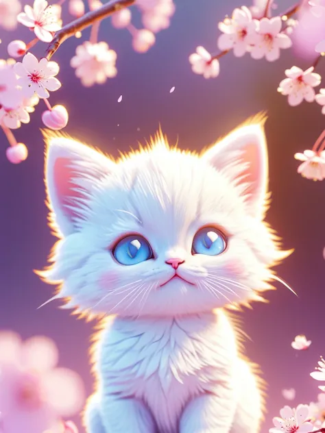 (Absurdres:1.2), exquisitely detailed chibi Adorable white kitten, 8k, cherry blossoms, illustration | ((More_Detail))