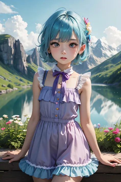 Femboy, otoko no ko, (flat chest), sexy body, white skin, smooth skin,((blue aqua hair)), short hair, shy face, blush on face, cute face, cute lips, blue eyes, frilled dress, medium dress, purple dress,sexy fose, cute fose, mountain flower background frame...