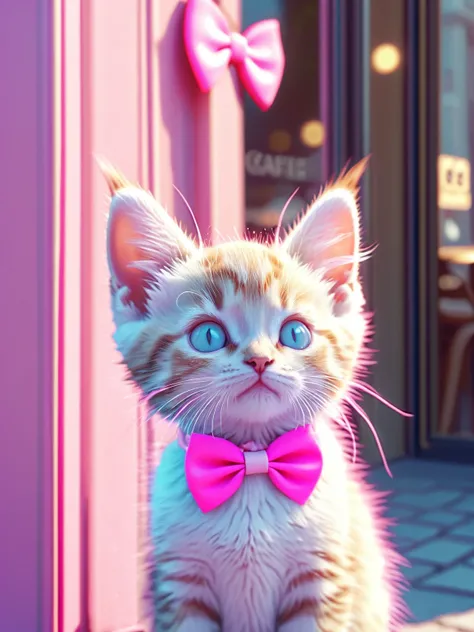 an aesthetic image of a kitten with a pink bow in front of a cafe in paris, white and light pink tetradic colors, UHD 8k, octane render high detail, hyper-detail, illustration.