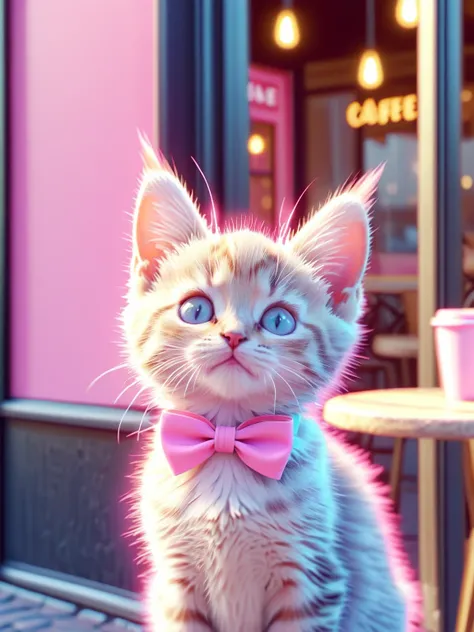 an aesthetic image of a kitten with a pink bow in front of a cafe in paris, white and light pink tetradic colors, UHD 8k, octane render high detail, hyper-detail, illustration.
