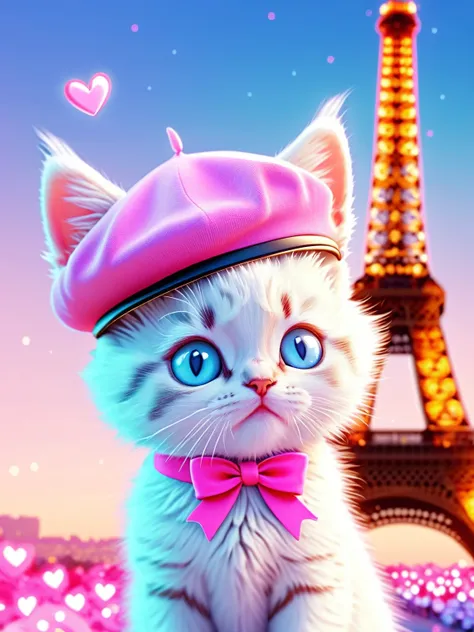 a cute vector of a white kitten with Beret and pink ribbon, anime style, M Jenni style, Paris background, digital illustration, approaching perfection, highly detailed, smooth, sharp focus, illustration, 4k resolution