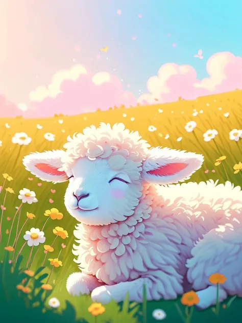 (Cute fluffy Lamb sleeping peacefully in a flower field), art by atey ghailan, painterly anime style at pixiv, very detailed, high resolution, illustration