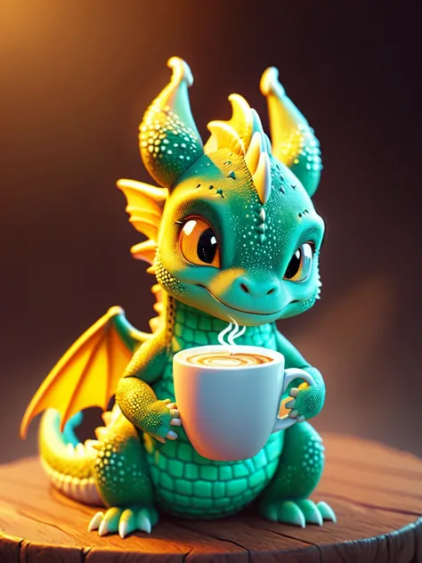 Cute Dragon/ hugging coffee/digital art