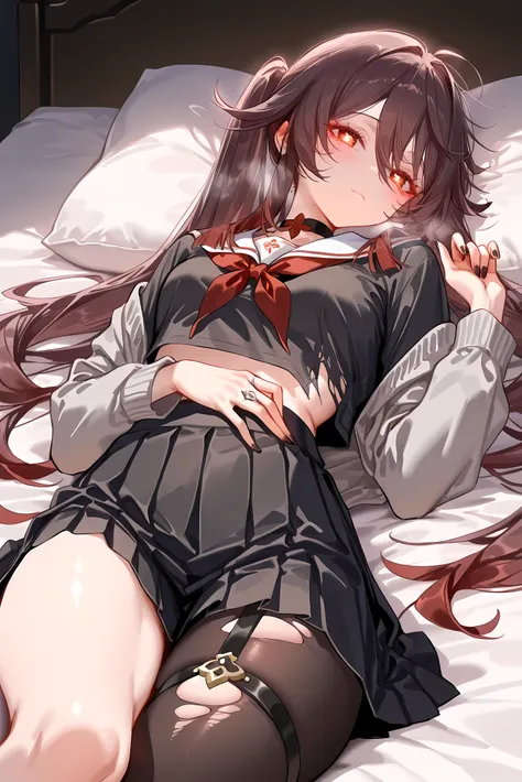 score_9, score_8_up, score_7_up, masterpiece, best quality, very aesthetic, absurdres, tunning image, attractive image, solo, 1girl, adult grown woman, Hu Tao (Genshin_Impact), red_eyes, brown_hair, long_hair, twintails, symbol-shaped_pupils, small_breasts...