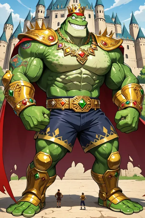 A green giant cartoon 2d frog king, gigantic chin, biggest muscular body, ginomous biceps enormous pectorals, detailed abs, golden armor with colorful jewels, golden bracelets with colorful jewels, golden necklaces with colorful jewels, golden chest with c...