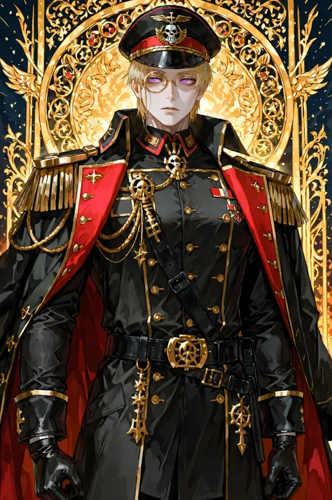 warhammer40kcommissar, 8k, beautiful masterpiece, looking ahead, alone, pale skin, Perfect Eyes shape, Athletic Build, ((He wears: black with red and golden accents = commissar officer six-buttoned epaulets jacket, military decorations on jacket, commissar...