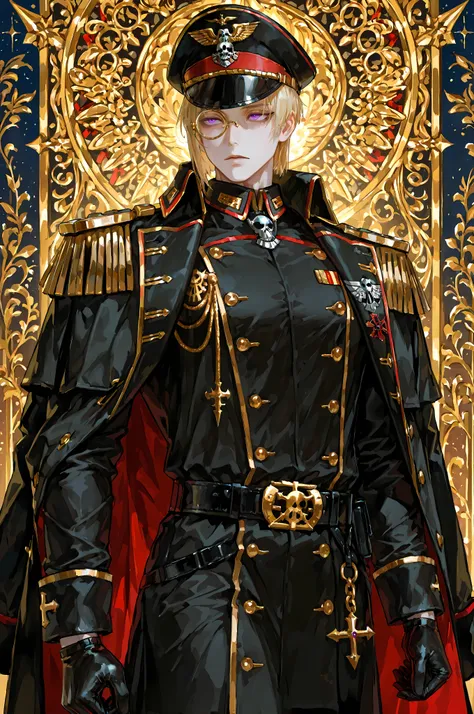 warhammer40kcommissar, 8k, beautiful masterpiece, looking ahead, alone, pale skin, Perfect Eyes shape, Athletic Build, ((He wears: black with red and golden accents = commissar officer six-buttoned epaulets jacket, military decorations on jacket, commissar...