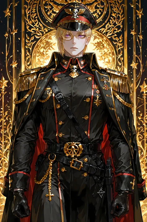 warhammer40kcommissar, 8k, beautiful masterpiece, looking ahead, alone, pale skin, Perfect Eyes shape, Athletic Build, ((He wears: black with red and golden accents = commissar officer six-buttoned epaulets jacket, military decorations on jacket, commissar...