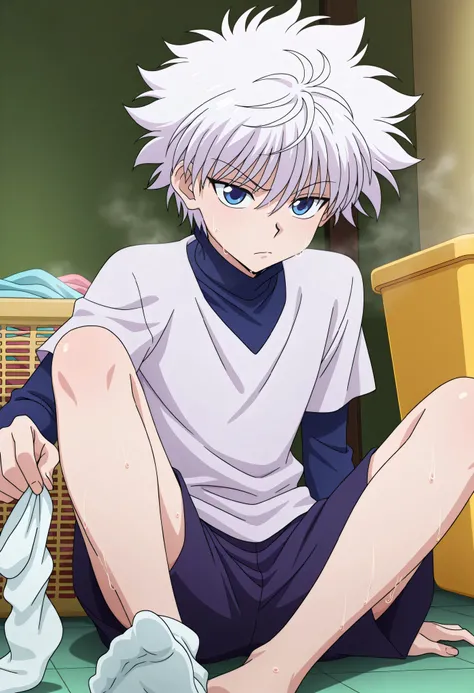 masterpiece, best quality, , anime screencap, anime coloring, , , , killua zoldyck, 1boy, messy hair, male focus, blue eyes, shirt, shorts, long sleeves, layered sleeves, short sleeves, short over long sleeves, spiked hair, short hair, turtleneck, sitting,...