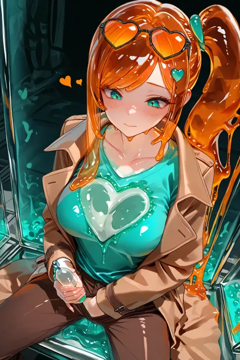 sexy adult pokemonsonia melting:1.0, clothes melting:1.0, aqua shirt, brown coat, brown jacket, coat, collarbone, eyewear on head, long sleeves, orange-tinted eyewear, pants, aqua eyes, heart, heart hair ornament, long hair, long sleeves, orange hair, sid...