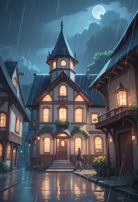 A dark, rainy night. View from behind a young girl standing alone on a quiet suburban street, staring at a dimly lit house in the distance. The girl is silhouetted, her long hair soaked and clinging to her back as heavy rain pours down. She stands motionle...