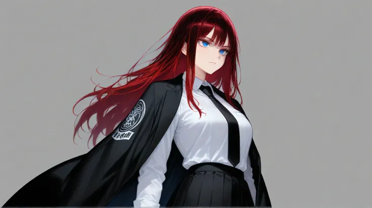 Solo character female Yakuza Black Skirt , Black/white cool Shirt uniform , blue eyes, leader Cloak,Long hair, Black and Red under hair lines,