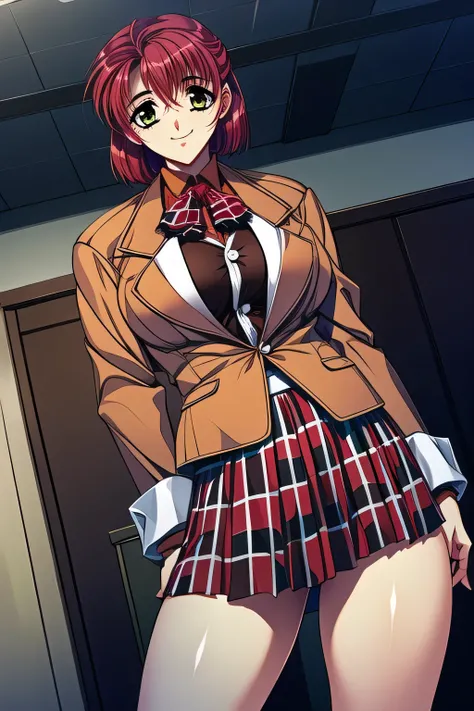 facial expressions are a top priority, so don't trim,I wonder if I can draw more delicate expressions,Woman with a nice relaxed smile,Can you draw a more delicate expression?,(red shorthair) ,brown blazer,woman in a student uniform who isn't a clerk,narro...