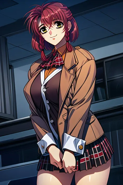 Facial expression is a top priority, so please insert ,I wonder if I can draw more delicate expressions,a woman with a nice relaxed smile,can you draw a more delicate expression?,(red short hair) ,Brown Blazer,a woman in uniform who is not an office worke...