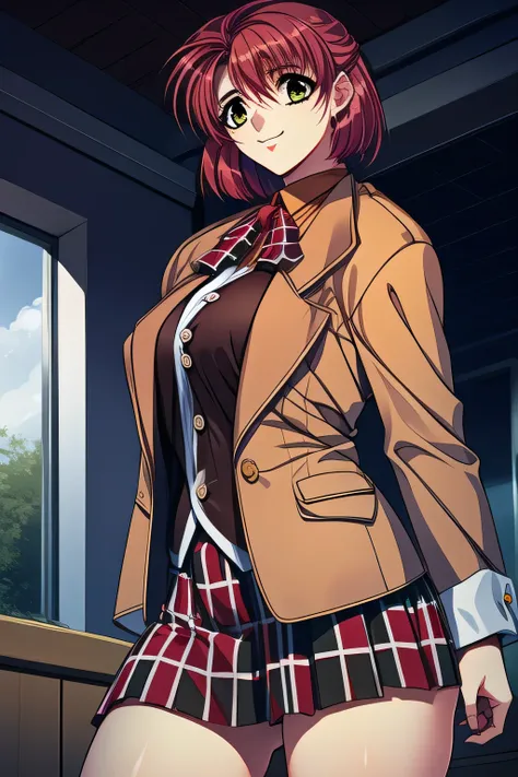 Facial expression is a top priority, so please insert ，I wonder if I can draw more delicate expressions，a woman with a nice relaxed smile，can you draw a more delicate expression?，（red short hair）  ,Brown Blazer,a woman in uniform who is not an office worke...