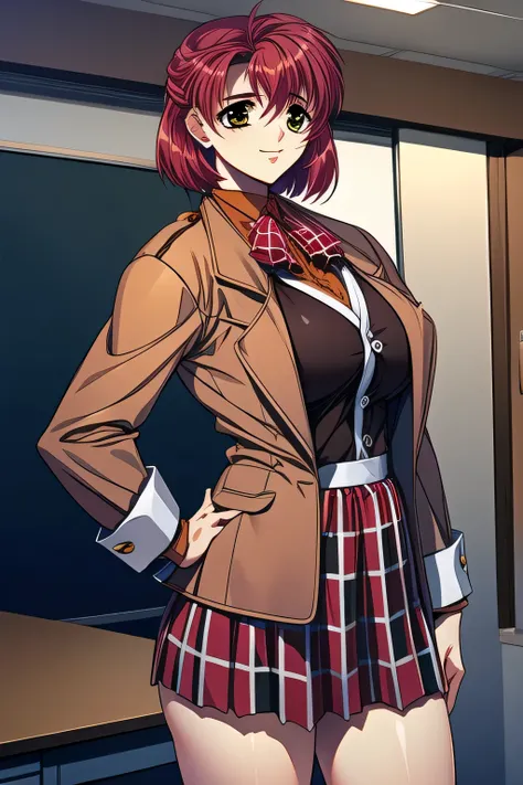 Facial expression comes first, Therefore、Please insert ，I wonder if I can draw more delicate expressions，a woman with a relaxed and gentle smile，can you draw a more delicate expression?，（red short hair）  ,Brown Blazer,A woman in uniform who is not an offic...