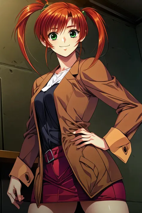 Facial expression comes first, Therefore、Please insert ,I wonder if I can draw more delicate expressions,a woman with a relaxed and gentle smile,can you draw a more delicate expression?,(red,twin tail hair) ,Brown Blazer,A woman in uniform who is not an o...