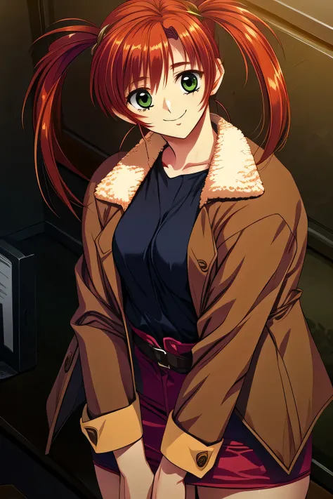 Facial expression comes first, Therefore、Please insert ，I wonder if I can draw more delicate expressions，a woman with a relaxed and gentle smile，can you draw a more delicate expression?，（red,twin tail hair）  ,Brown Blazer,A woman in uniform who is not an o...