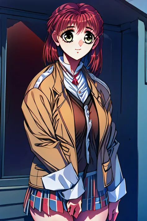 Facial expression comes first, Therefore、I need a face ，I wonder if I can draw more delicate expressions，a woman with a relaxed and gentle smile，can you draw a more delicate expression?，（red long hair）  ,blue blazer,woman in uniform,I'm wondering if I can ...