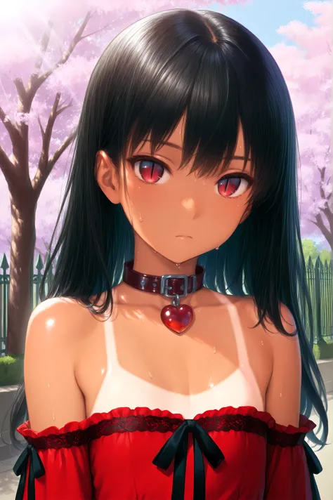 masterpiece, best quality, chest-up portrait, 1 small girl, petite, tiny chest, Latina, long shin-length wavy black hair, dark crimson eyes with snake slit pupils, soft tan skin, tan lines, visible sweat bead on neck, no bra string, no hair accessories, sl...