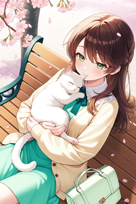 Highest Quality、high resolution、high image quality、masterpiece、detailed background、Soft brown hair、Sleepy girl holding a cat on a park bench with warm spring sunlight、A fluffy white cat is curled up next to her, taking a comfortable nap together、Cherry blo...