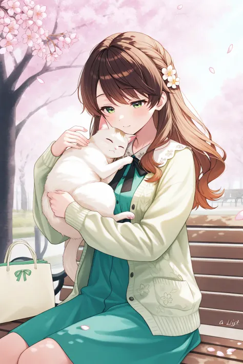 Highest Quality、high resolution、high image quality、masterpiece、detailed background、Soft brown hair、Sleepy girl holding a cat on a park bench with warm spring sunlight、A fluffy white cat is curled up next to her, taking a comfortable nap together、Cherry blo...
