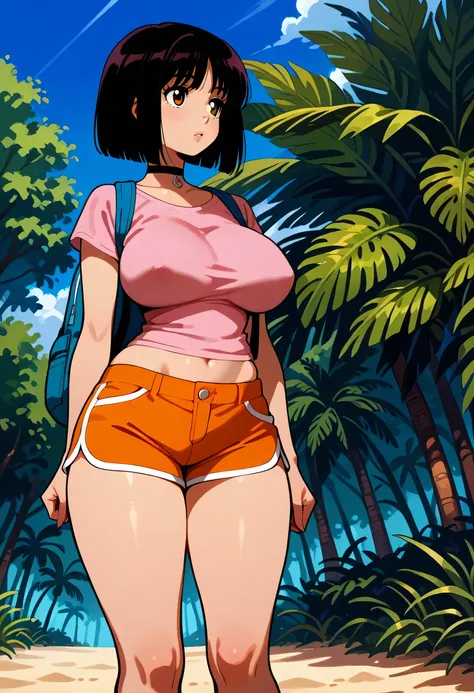 Diadora the explorer,dark hair, Latina, adult, dark hair, short bob cut, bangs, grown-up, pink shirt, orange booty shorts, no bra, sand dollar areolas, small waist, thin hips, big breasts, short legs, choker, backpack, from behind