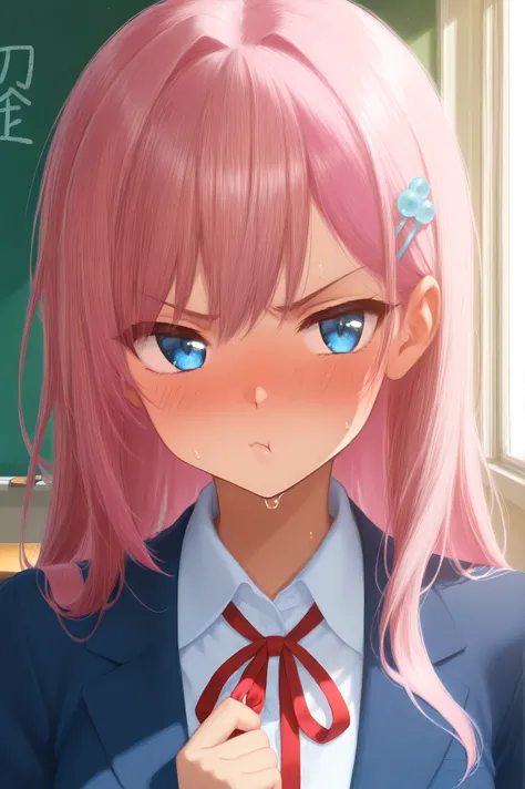 masterpiece, best quality, shoulder-up portrait, 1 girl, high school student, long flowing pink hair to waist, cute hairpin accessory, large expressive blue eyes, tsundere expression (scowling with pouty lips + bright cheek blush), visible sweat bead on te...