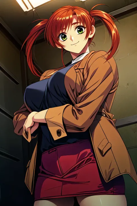 Start with facial expressions, therefore、Please insert ，I wonder if I can draw more delicate expressions，Woman with a relaxed and gentle smile，can you draw a more delicate expression?，（red,twin tail hair）  ,Brown Blazer,A woman in uniform who is not an off...