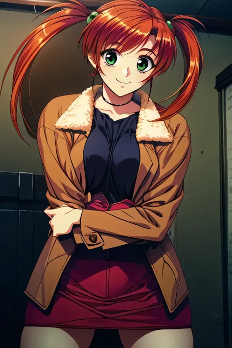 Start with facial expressions, therefore、Please insert ,I wonder if I can draw more delicate expressions,Woman with a relaxed and gentle smile,can you draw a more delicate expression?,(red,twin tail hair) ,Brown Blazer,A woman in uniform who is not an off...