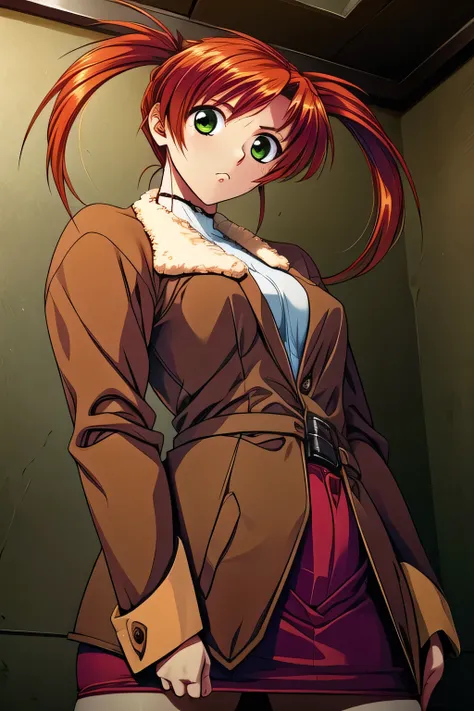 Let's start with facial expressions, ,I wonder if I can draw more delicate expressions,An enduring expression,can you draw a more delicate expression?,(red,twin tail hair) ,Brown Blazer,woman in uniform,can you draw a more delicate expression, plaid minis...