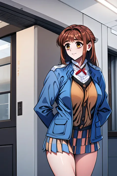 The expression comes first, therefore、I need a face ，I wonder if I can draw more delicate expressions，women with relaxed and gentle smiles，can you draw more delicate expressions?，（Red Long Hair）  ,blue blazer,woman in uniform,I wonder if I can draw more de...