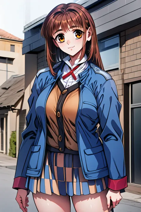 The expression comes first, therefore、I need a face ，I wonder if I can draw more delicate expressions，women with relaxed and gentle smiles，can you draw more delicate expressions?，（Red Long Hair）  ,blue blazer,woman in uniform,I wonder if I can draw more de...