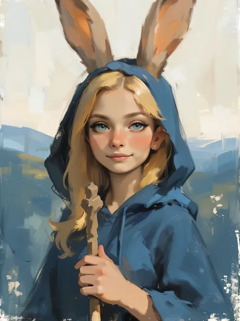 sketch painting, A cute light yellow rabbit, fluffy fur, she wears a Sapphire Blue hooded cloak, holds a magician's staff. (((shiny hair))), (((beautifully detailed eyes))), (((Light Sky Blue eyes:1.5))), (((bright eyes))), expressive eyes and lips, (((lig...