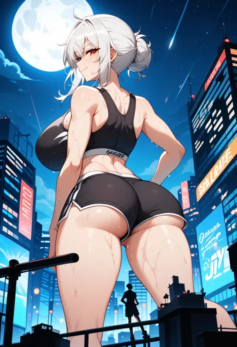 masterpiece, best quality, ultra-detailed, 1girl, giantess, towering skadi \(arknights\), sports bra, short shorts, sports shorts, mature_female, curvy, skadi \(arknights\), red eyes, white hair, wide hips, sweaty, massive breasts, wide hips, big ass, conf...