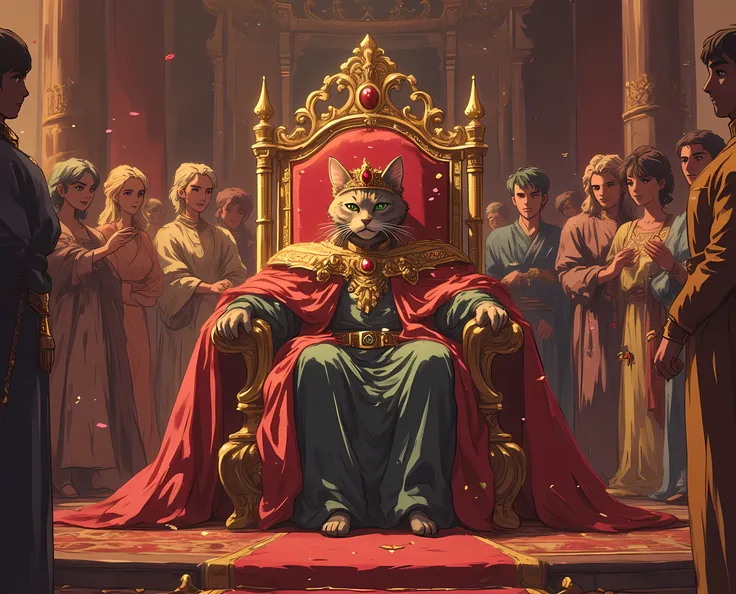 score_9 , score_8_up , score_7_up , masterpiece , Highest quality , ultra realistic graphic , Very detailed , best quality, Dynamic vision, vibrant colors, high contrast, good lighting, castle, in the center, grand hall, ((cat emperor: 1.4), using intricat...