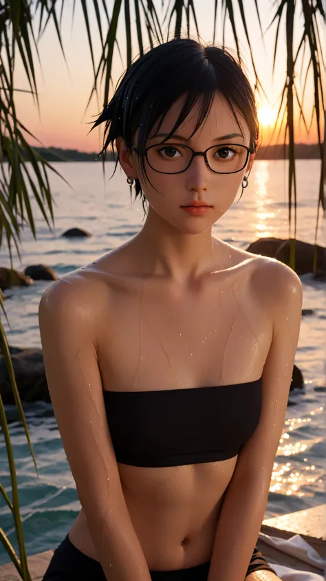 1girl, solo,sarada uchiha,black eyes,black hair,buzz-cut hair,outdoors,potrait,small breast,nature,sitting on water,navel,black tube top, wear glasses,(sunset lighting:1.5),brach, close up,earings,sunset,bare shoulders, looking at viewer, big wave,(wet bod...