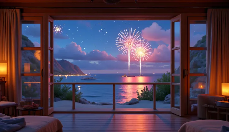 Scenery Seen Through a Window,Windowside with fireworks visible、high quality realistic 3d rendering,precise texture,Sparkling night view,Deep Colors,sophisticated composition,Charming Atmosphere,Delicate Details,Exquisite Bokeh ,Masterpiece,sea,Lots of fir...