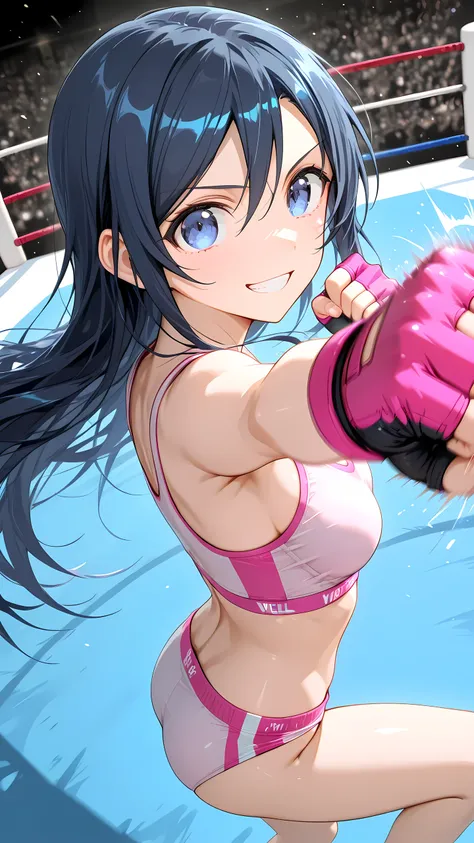 aragaki ayase, solo, white and pink sports bra, white and pink boy-leg cut sports underwear, pink fingerless gloves, grin, looking at viewer, Detailed eyes, Detailed face, well-toned body, medium shot, face focus, from above, from side.
p4nch,looking at v...