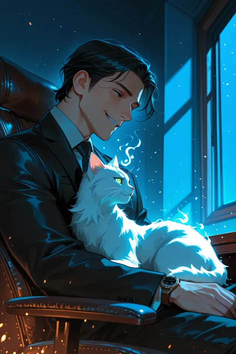 (Highest Quality), masterpiece, super high resolution, (The guardian spirit of the translucent white cat), watches over the gentleman at work, Cat Seats on a Desk with Blue Light, Gentle Smiling Middle-Aged Gentleman, male in suit, luxury leather chair wit...