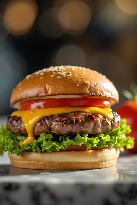 A professional photography with a bun burger, lettuce, 1 meat, cheddar cheese, tomato, on a table, Tasty burger, professional photography, 8k, advertisement style composition, TV commercial style