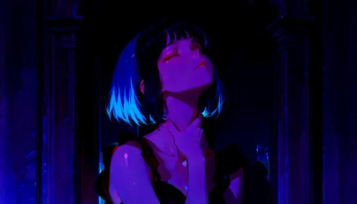 1girl, short dark bob cut, face-framing bangs, sharp silhouette, edgy hairstyle, vibrant anime colors, rich color palette, well-balanced hues, smooth shading, soft gradients, polished coloring, cinematic lighting, natural reflections, warm and cool contras...