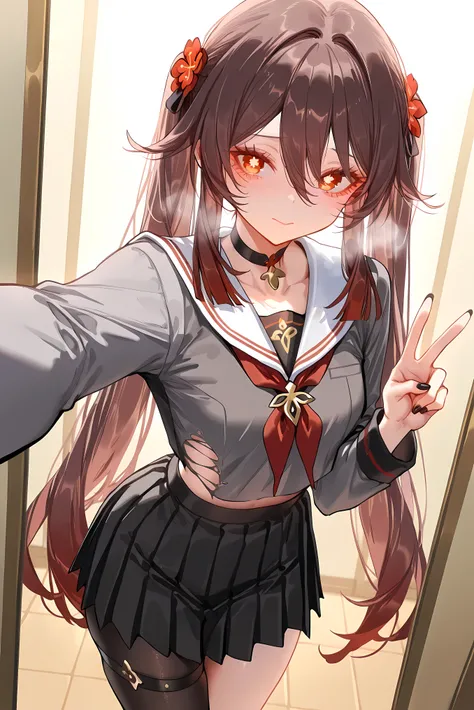 score_9, score_8_up, score_7_up, masterpiece, best quality, very aesthetic, absurdres, tunning image, attractive image, solo, 1girl, adult grown woman, Hu Tao (Genshin_Impact), red_eyes, brown_hair, long_hair, twintails, symbol-shaped_pupils, small_breasts...